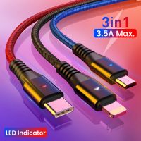 3in1 LED USB ชาร์จสำหรับ iPhone 13 12 11 Pro 3in1 2in1 Micro USB ประเภท C 8Pin Charger สายสำหรับ Huawei Xiaomi POCO X3 M3