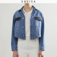 SALISA - DENIM JACKET Cropped Blue with Black Vegan Leather Pocket Flap