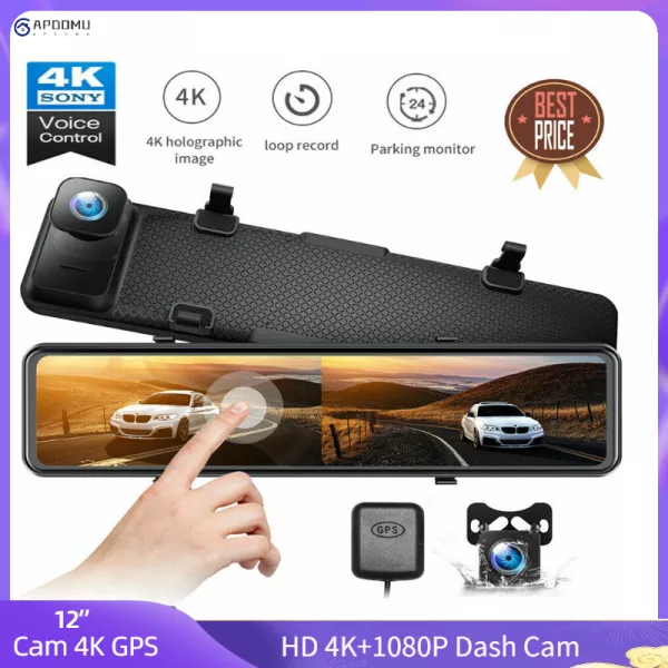 2.5K 12“ in Mirror Dash Cam with GPS Voice Control Front and Rear Dual View Full Touch Screen Camera Waterproof Backup Camera Night Vision G-Sensor Parking Assistance GPS 