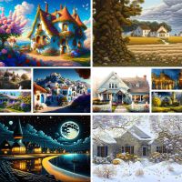 ✙▩ Landscape Cartoon House Flowers Printed 11CT Cross-Stitch Embroidery Kit Sewing Handiwork Handmade Painting Floss Stamped Sales