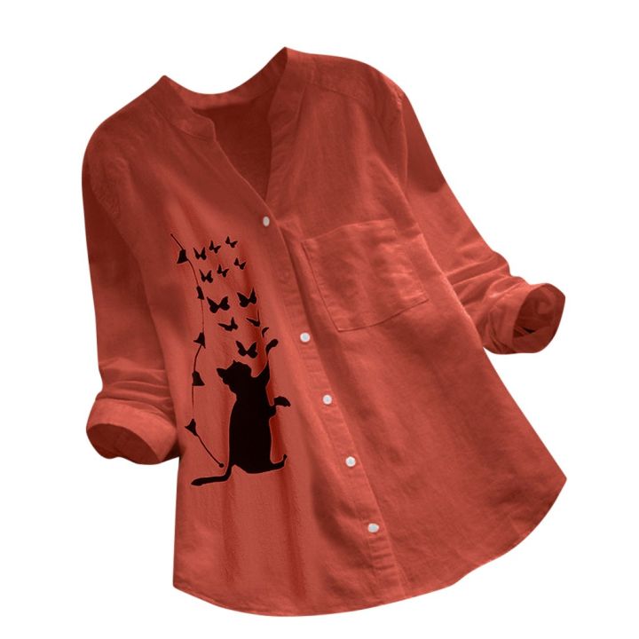 เสื้อผู้หญิงผ้าฝ้ายผ้าลินินลำลองพิมพ์ลายแมวแขนยาวเสื้อเสื้อมีกระดุม