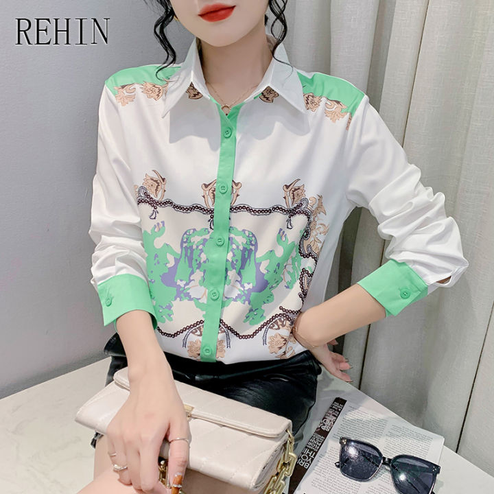 rehin-ของผู้หญิงฤดูใบไม้ร่วงและฤดูหนาวแฟชั่นใหม่พิมพ์เสื้อแขนยาวที่ไม่ซ้ำกันพิมพ์ซอกหลวมปกเสื้อที่สง่างาม
