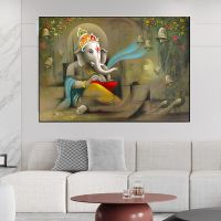 ช้างเทพเจ้าฮินดูผ้าใบวาดภาพโปสเตอร์พระพิฆเนศพระเจ้าอินเดียและภาพศิลปะบนผนังตกแต่งภายในบ้าน