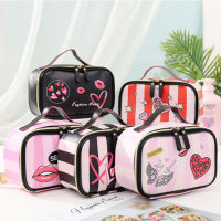 【cw】makeup bag Black double layer Waterproof toilettry bag Travel organizer beautician case Portable Women PU cosmetic storage bags ！