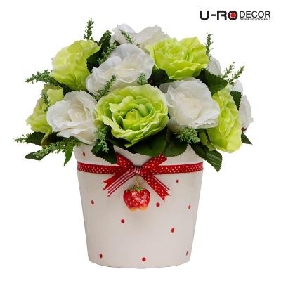 U-RO DECOR รุ่น ช่อกุหลาบ(คละสี)ในกระถางดอกไม้ STRAWBERRY CHECKER-L (สตอเบอร์รี่เชกเกอ) ยูโรเดคคอร์ กระถาง แต่งบ้าน ใส่ของ  ดอกไม้ ประดิษฐ์ flower ช่อดอกไม้