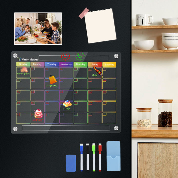 รีบรอลปฏิทินอะคริลิคแม่เหล็กสำหรับตู้เย็น2ชิ้นปฏิทินวางแผนรายเดือนและรายสัปดาห์กระดานลบแห้งนำมาใช้ใหม่พร้อมมาร์กเกอร์4ตัวตัวจับปากกาแม่เหล็กและยางลบ