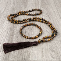 Natural Tiger Eye Stone Necklace Handmade Knotted 108 Japamala Yoga Meditation Necklaces &amp; celets Set Tassel Rosary Jewelry