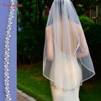 YouLaPan V156 Luxury Wedding Veil with Crystal Edge Bridal Veils Beaded Crystal Scallop 1 Tier Fingertip Length with Comb Hair Accessories