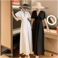 B15039 แม็กซี่เดรสคอวีหน้า-หลังอกจีบ V-neck maxi dress front-back pleated bust