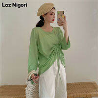 Laz Nigori เสื้อกันแดดผู้หญิง,เสื้อเวอร์ชันเกาหลีฤดูร้อนสีทึบเรียบง่ายสีเขียวอะโวคาโดเสื้อผูกเชือกแขนยาวเหมาะกับเสื้อสตรีแบบกันแดดขี้เกียจทุกชุด