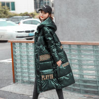 【cw】2022 Winter New Korean Style Loose Overknee Long Glossy Cotton-Padded Coat for Women Thicken cotton clothes coat ！