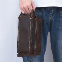 New Zipper Clutch Handbags Mens Travel Storage Bag Coffee Color Genuine Leather Wash Bag Male Vintage Purse Wallet Handbags