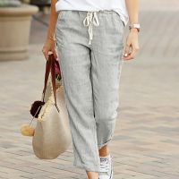 Spring New Trousers Solid Color Cotton Linen Style Loose Casual Plus Size Drawstring Elastic Women Pants