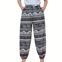 Thai elephant fashion pants กางเกงแฟชั่นลายช้างไทย ราคาถูก มีกระเป๋า2ข้าง ผ้าวูลเวฟทรงขาจั้มแฟชั่นขายาวรุ่น989-1# สวมใส่สบายสุดชิล มีเชือกผูกรูดได้