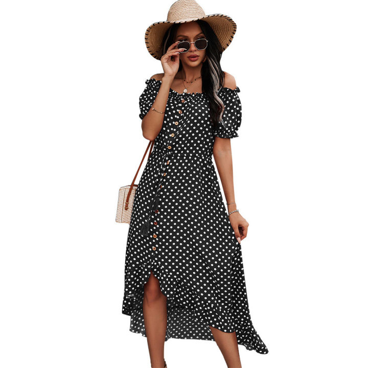 2021Sexy Off Shoulder Summer Dress Shirt 2021 Polka Dot Beach Boho Elegant Dresses Women Casual Loose Single-Breasted Midi Robe