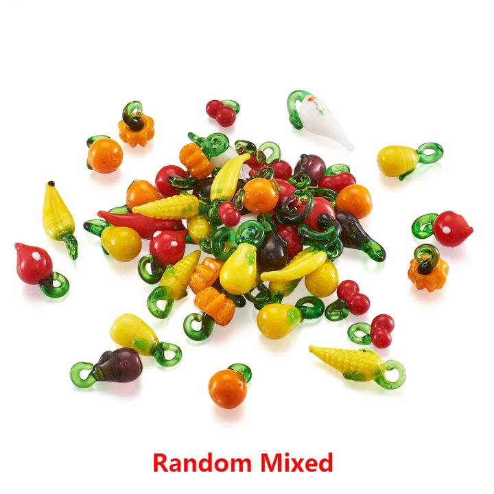 200pcs-handmade-lampwork-beads-mixed-fruit-vegetables-charms-pendants-mushroom-cherry-strawberry-banana-apple-hot-pepper-charms