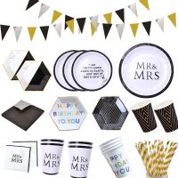 [Afei Toy Base]สีดำสีขาว MR Amp; MRS ถ้วยกระดาษแผ่น Disposable Tableware Party Supplies วันเกิดงานแต่งงานตกแต่ง Party เด็ก Favors