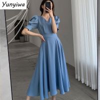 2022 Summer Elegant Dress Fashion French Hepburn Short Puff Sleeve V Neck A Line Ruffle Lady Midi Blue Dresses ido