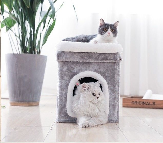 neko-care-ที่นอนแมว-แบบกล่อง2ชั้น-บ้านแมวแบบทรงสี่เหลี่ยม-คอนโดแมว-2ชั้น-บ้านแมว-แบบทรงตึก2ชั้น-นอนได้-2-ตัว-ขนาด-42x31x31ซม-สีเทา