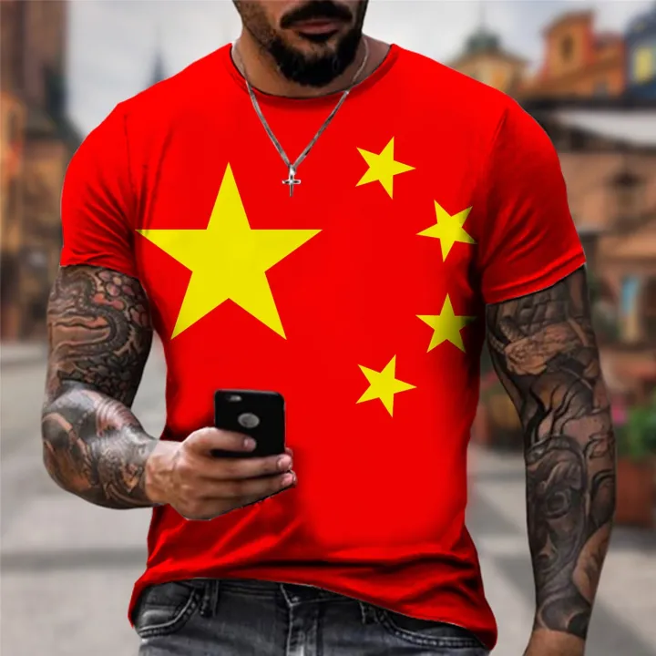 เสื้อเสื้อเชิ้ตแขนสั้นพิมพ์ลาย3d-ธงชาติจีนแฟชั่นของผู้ชายเสื้อไม่มีสงครามตลกเสื้อยืดสีแดง