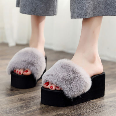 Women Fur Slippers Winter Heels Wedge Slippers For Women Flat Shoes Fashion Outside Non-slip Platform Slippers Flip Flops Female
