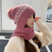 GOPLUS Hooded Scarf Knitted Muffler With Pompom Hats White Warm Foulard 2in1 Twist Beanie Two Pieces Scarves Winter Pink Bonnet