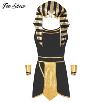 Mens Halloween Egyptian Pharaoh King Cosplay Costume Carnival Ancient Egypt Role Play Clothes Dress with Cuffs Snake Head Hat