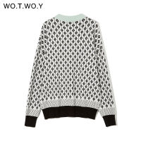 WOTWOY Autumn Winter Jacquard Knitted Cardigans Women Single Breasted V-neck Vintage Sweaters Female Plaid Cropped Cardigan 2021