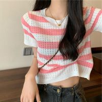 Stripe Tshirt Women Korean Style Trendy Tops Round Neck Short Sleeve Knitted T Shirt Casual Tee