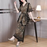 【hot】○ And 2023 New Short-Sleeved Silk V-Neck Loose Shirt Wide Leg Pants Fashion Two-Piece Set