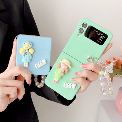 HOCE 3D น่ารักเด็กผู้หญิงสีลูกกวาดเคสโทรศัพท์สำหรับ Samsung Z พลิก3พลิก4พลิก5G ผิวสร้อยข้อมือไข่มุกหมีรู้สึกปลอกสำหรับ Zflip3 Zflip4 Zflip5เคส