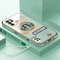 เคสเคสมือถือสำหรับ OPPO Reno6 Z 5G 6Z Reno 5G พร้อมฟรีสายคล้อง + โลโก้ Starbucks แฟชั่นชุบขอบสี่เหลี่ยมฝาหลังนิ่ม