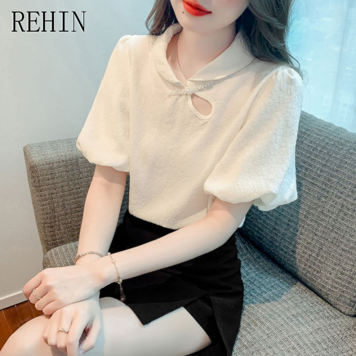rehin-เสื้อผู้หญิงสไตล์จีนใหม่-เสื้อกลวงออกเสื้อแขนสั้นผ้าบับเบิ้ลแขนเสื้อเชิ๊ตสตรีเข้ารูปลดอายุสำหรับฤดูร้อน