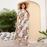 Hot New High Waist Foreign-Style V-Neck Long Skirt Large Size Temperament Printing Black Sexy Foreign-Style Dress