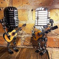 Red Vintage Microphone Robot With Guitar Metal Figurines Interior Desktop Night Lamp Usb Charging Ornament Home Figurines Decoration