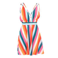 Women Casual Sleeveless Striped Backless Deep V-neck Mini Sexy Dress Ladies Summer Colorful Striped Evening Party Beach Sundress