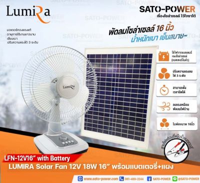 LUMIRA Solar Fan 12V 18W ใบพัด 16" รุ่น Lfn-12V16 คละสี *พร้อมแบตเตอรี่และแผง POLY 20W* (พัดลม DC)| พัดลมโซล่าเซลล์ | ไม่มีขาตั้งแผงให้ในชุด