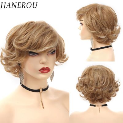 HANEROU Short Curly Ombre Blonde Synthetic Wig Fluffy Natural Women Hair High Temperature Wig For Daily Party Cosplay