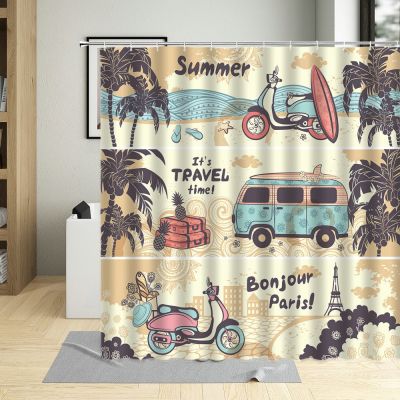 Vintage Summer Travel Poster Shower Curtain Surf Board Bus Palm Beach Ice Cream Truck Illustration Kids Bathroom Decor Curtains