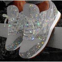 HOT★ผู้หญิง FLAT Bling รองเท้าผ้าใบ Glitter Platform รองเท้าผู้หญิงสุภาพสตรีสุภาพสตรีเงิน Vulcanize รองเท้าขนาดใหญ่