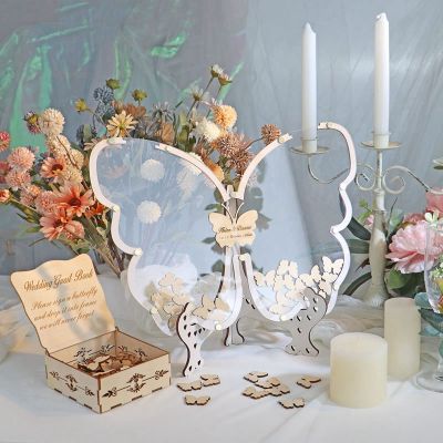 White Wedding Guest Book Alternative for 40 Guests to 200 Guests, Drop Wooden Butterfly Frame with Small Butterflies