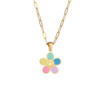 New Colorful Enamel Smiley Expression Flower Pendant Necklace Gold Plated Paper Clip Link Chain Necklace Y2K Jewelry