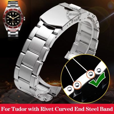 ❅ 20มม. 22มม. Solid Fine Curved End Steel Watch Chain for Tudor Biwan with Rivet Willow Nail Watchband Strap Men Women เงิน ทอง