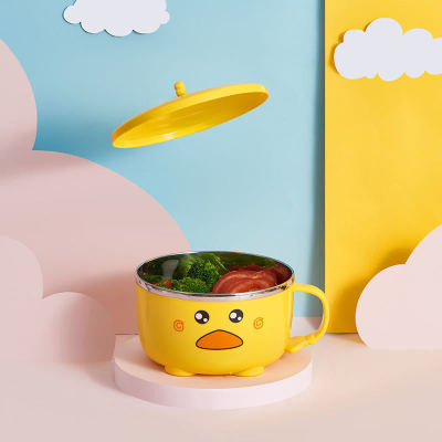 Kawaii Duck Ramen Noodles Bowl with Lid Cute Stainless Steel Kitchen Fruit Instant Salad Rice Soup Double-layer Bowl Tableware
