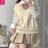 Two-Piece Suit Japanese College Style Knitted Vest Womens V-neck Bandage Dress JK Sweater Vest Spring and Autumn Sleeveless Top