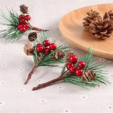 15Pcs Artificial Christmas Picks Red Berry with Stems Pine Cones