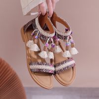 【CW】 Sandals Ladies Ethnic Flat Shoes Female Rhinestone Beach