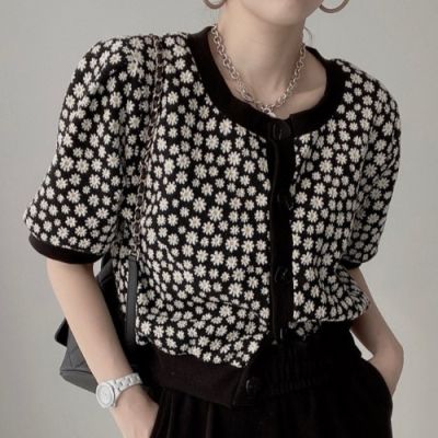 KUSAHIKI Floral Hit Color Patchwork Knitted Women Cardigan Puff Short Sleeve O-neck Causal Sweater Coat  New Knitwear 6G500