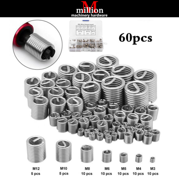 Millionhardware 60pcs M3 M4 M5 M6 M8 M10 M12 Stainless Steel Helicoil Thread Repair Insert Kit 0862