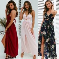 COD DSTGRTYTRUYUY Boho Summer Floral Long Maxi Dress Women Sexy Halter Backless Straps Evening Party Beach Dresses Holiday Wear Sundress